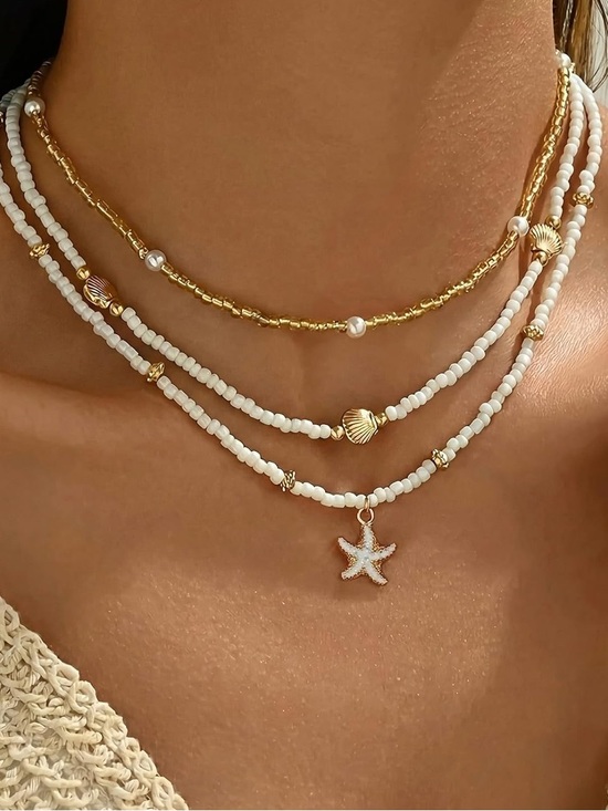 Anthropologie Jewelry - Trendy Summer Gold & White Beaded Layered Necklace Set with Starfish Charm